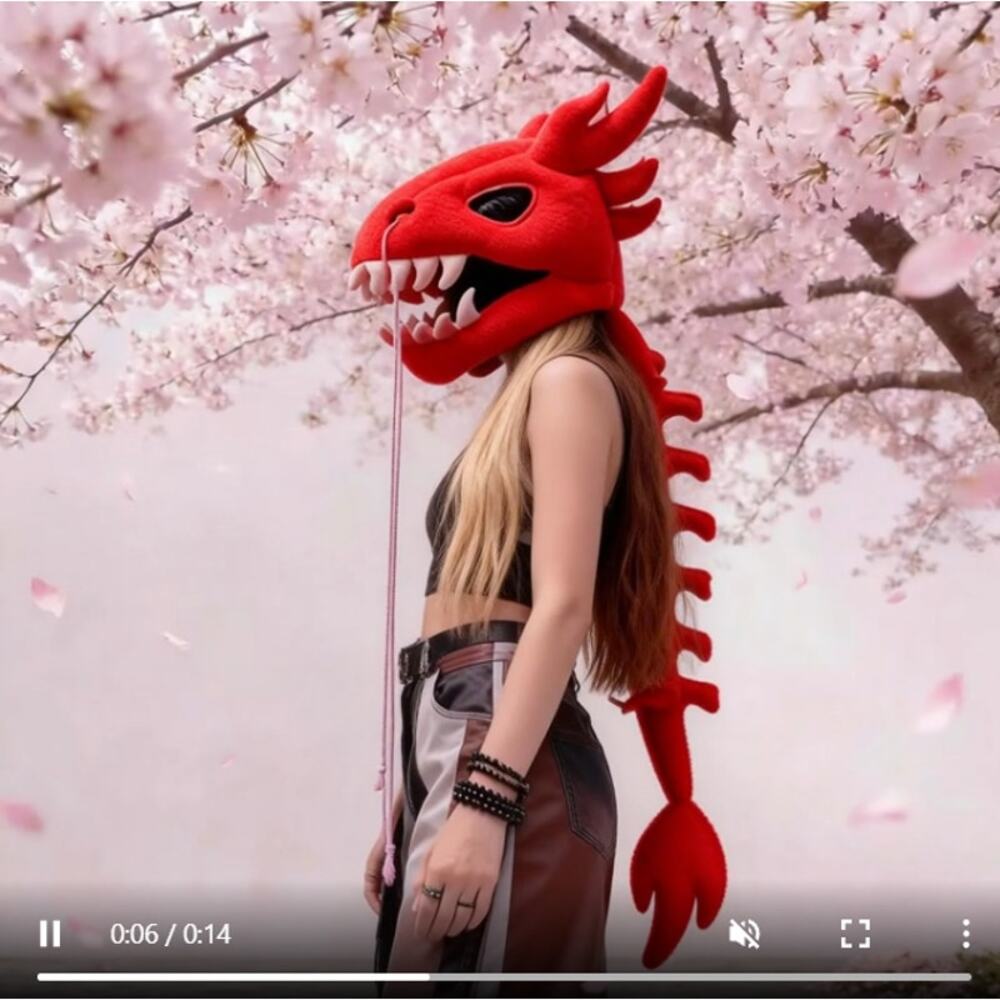 Gothic Dragon Skull Hood - Long Spine Tail 45.67in Red Cosplay Plush Headpiece
